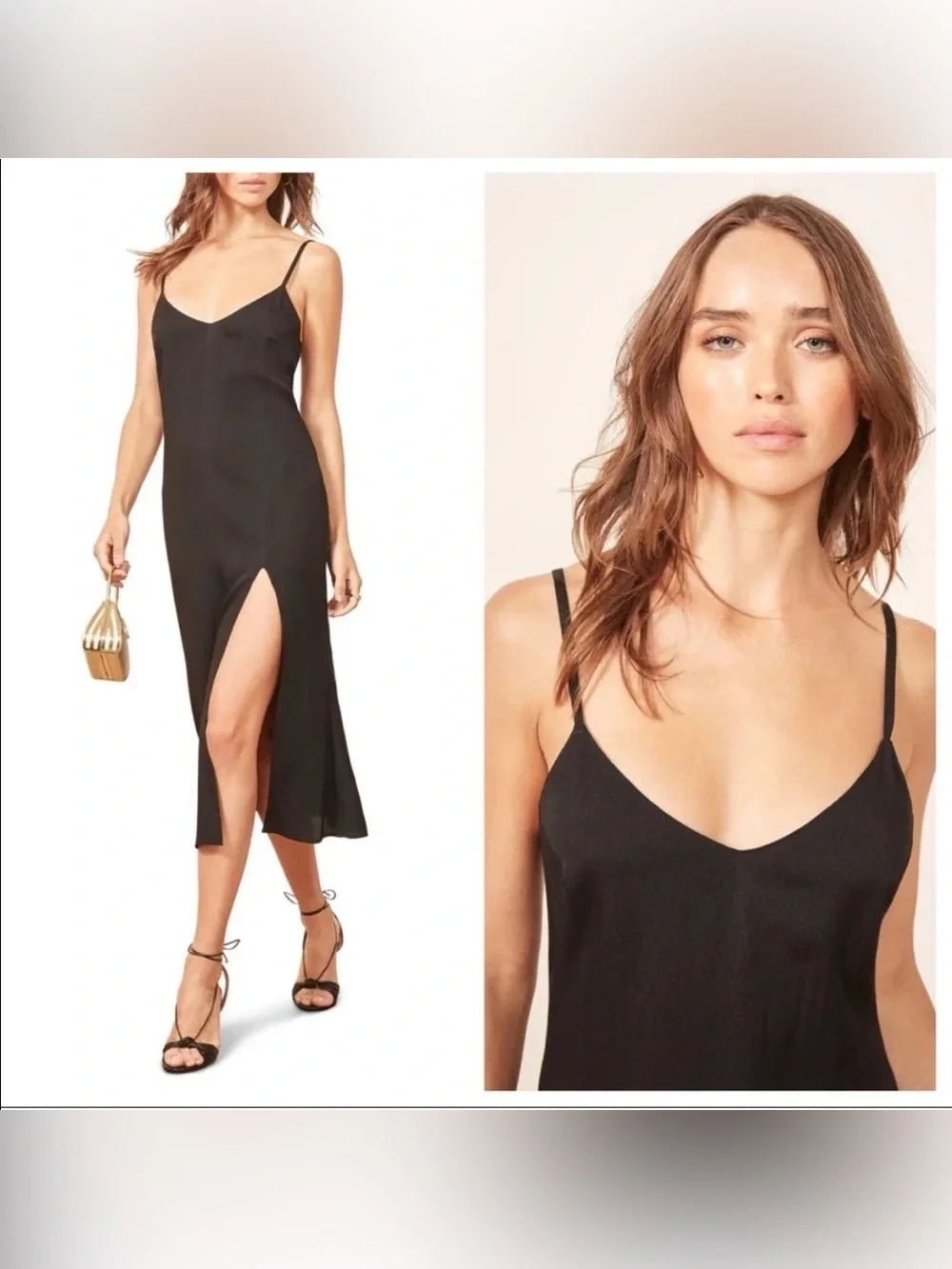 Reformation 6P Black Crimini V-Neck Side Leg Slit Midi Dress Chic Classic